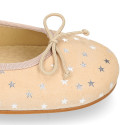 Classic suede leather ballet flat shoes with stars print.