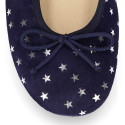 Classic suede leather ballet flat shoes with stars print.