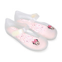 Jelly shoes ballet flat style with hook and loop strap and MINNIE design.