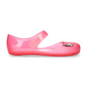 Jelly shoes ballet flat style with hook and loop strap and MINNIE design.