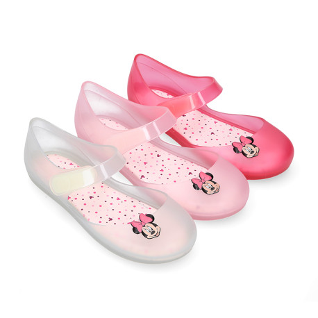 Jelly shoes ballet flat style with hook and loop strap and MINNIE design.