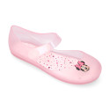 Jelly shoes ballet flat style with hook and loop strap and MINNIE design.