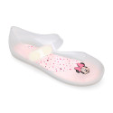Jelly shoes ballet flat style with hook and loop strap and MINNIE design.