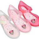 Jelly shoes ballet flat style with hook and loop strap and MINNIE design.