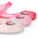 Jelly shoes ballet flat style with hook and loop strap and MINNIE design.