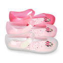 Jelly shoes ballet flat style with hook and loop strap and MINNIE design.