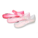 Jelly shoes ballet flat style with hook and loop strap and MINNIE design.