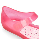 Jelly shoes ballet flat style with hook and loop strap and MINNIE design.