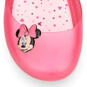 Jelly shoes ballet flat style with hook and loop strap and MINNIE design.