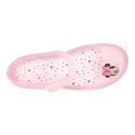 Jelly shoes ballet flat style with hook and loop strap and MINNIE design.