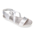 Metal finish leather sandal with anatomical white soles.