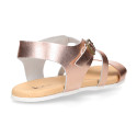 Metal finish leather sandal with anatomical white soles.