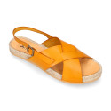 Leather sandal shoes espadrille style with crossed straps.