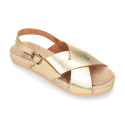 Leather sandal shoes espadrille style with crossed straps.