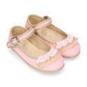 Linen canvas halter Mary Janes with lace design.