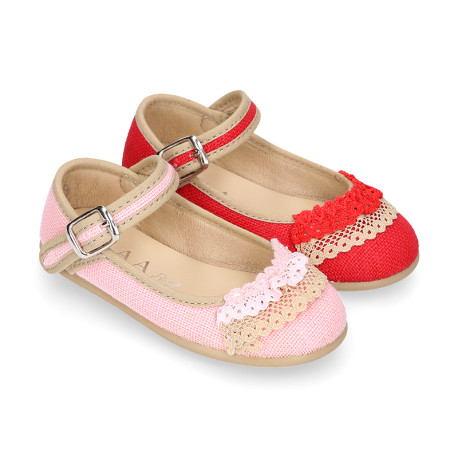 Linen canvas halter Mary Janes with lace design.