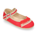 Linen canvas halter Mary Janes with lace design.