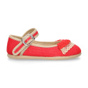 Linen canvas halter Mary Janes with lace design.