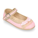 Linen canvas halter Mary Janes with lace design.