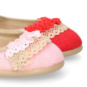 Linen canvas halter Mary Janes with lace design.