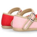Linen canvas halter Mary Janes with lace design.