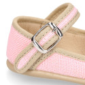 Linen canvas halter Mary Janes with lace design.