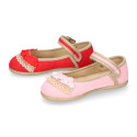 Linen canvas halter Mary Janes with lace design.