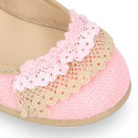 Linen canvas halter Mary Janes with lace design.