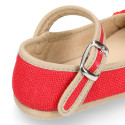 Linen canvas halter Mary Janes with lace design.