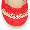 Linen canvas halter Mary Janes with lace design.