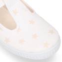 Cotton canvas T-strap shoes with STARS print design.