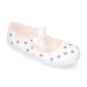 Cotton canvas Little Mary Janes with hook and loop strap and STARS print.
