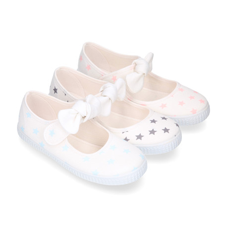 Cotton canvas Little Mary Janes with hook and loop strap and STARS print.