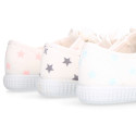 Cotton canvas Little Mary Janes with hook and loop strap and STARS print.