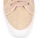 Metallic linen canvas sneaker shoes with ties closure.