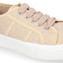 Metallic linen canvas sneaker shoes with ties closure.