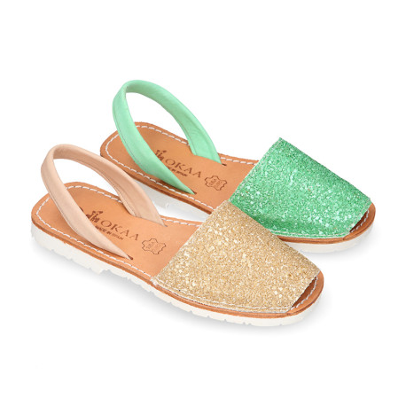 Extra soft LEATHER Menorquina sandals with rear strap and glitter design.