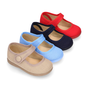 Dress cotton canvas Little Mary Janes with hook and loop strap.