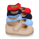 Dress cotton canvas Little Mary Janes with hook and loop strap.