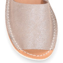 Combined leather Menorquina sandals with shiny effects and hook and look strap.