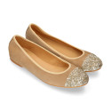 Classic suede leather ballet flat shoes with glitter toe cap.