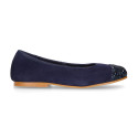 Classic suede leather ballet flat shoes with glitter toe cap.