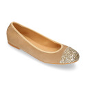 Classic suede leather ballet flat shoes with glitter toe cap.