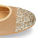 Classic suede leather ballet flat shoes with glitter toe cap.