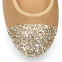 Classic suede leather ballet flat shoes with glitter toe cap.