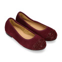 Classic suede leather ballet flat shoes with glitter toe cap.