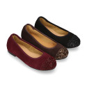 Classic suede leather ballet flat shoes with glitter toe cap.