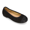 Classic suede leather ballet flat shoes with glitter toe cap.