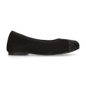 Classic suede leather ballet flat shoes with glitter toe cap.