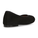 Classic suede leather ballet flat shoes with glitter toe cap.